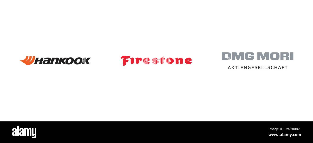 Firestone, DMG Mori , Hankook. Collection of top brand logo. Stock Vector