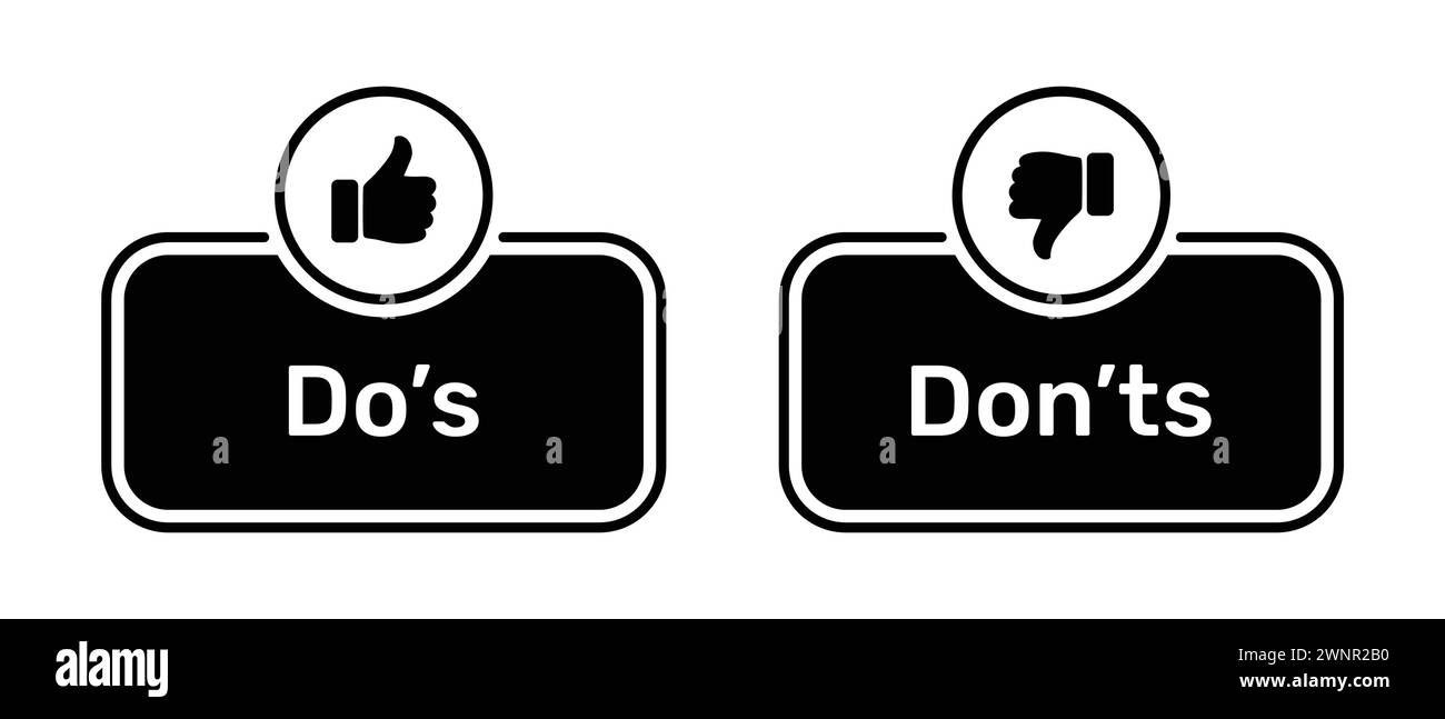 Like and Dislike symbols with Do's and Don'ts buttons black color. Do's and Don'ts button with thumbs up and thumbs down symbols. Stock Vector