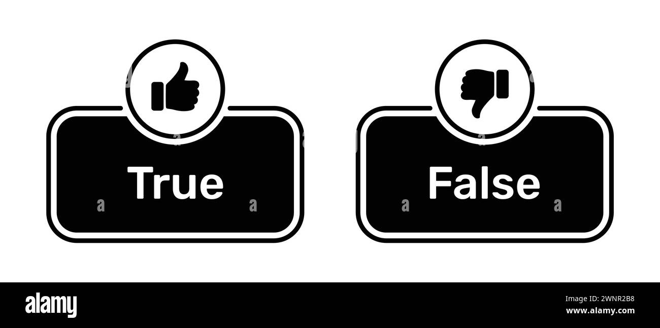 Like and Dislike symbols with True and False buttons black color. True and Fasle buttons with thumbs up and thumbs down symbols. Stock Vector