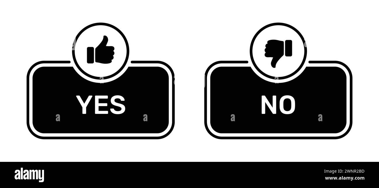 Like and Dislike symbols with Yes and No buttons black color. Yes and No buttons with thumbs up and thumbs down symbols. Checkbox icon with yes and no. Stock Vector