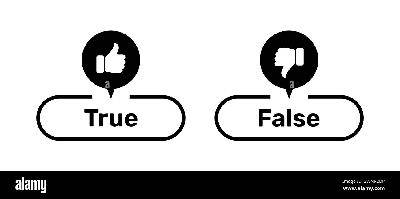 True and False buttons with like and dislike symbols black color. True and False buttons with thumbs up and thumbs down symbols. Stock Vector