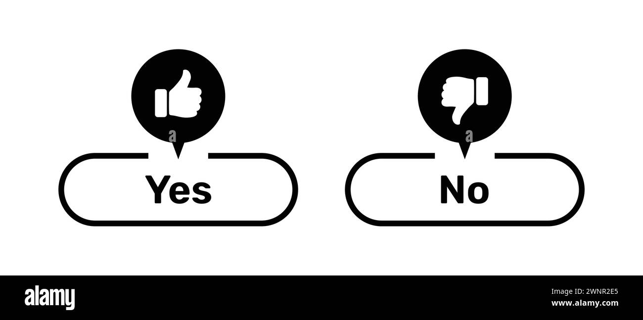Yes and No buttons with like and dislike symbols black color. Yes and No buttons with thumbs up and thumbs down symbols. Stock Vector