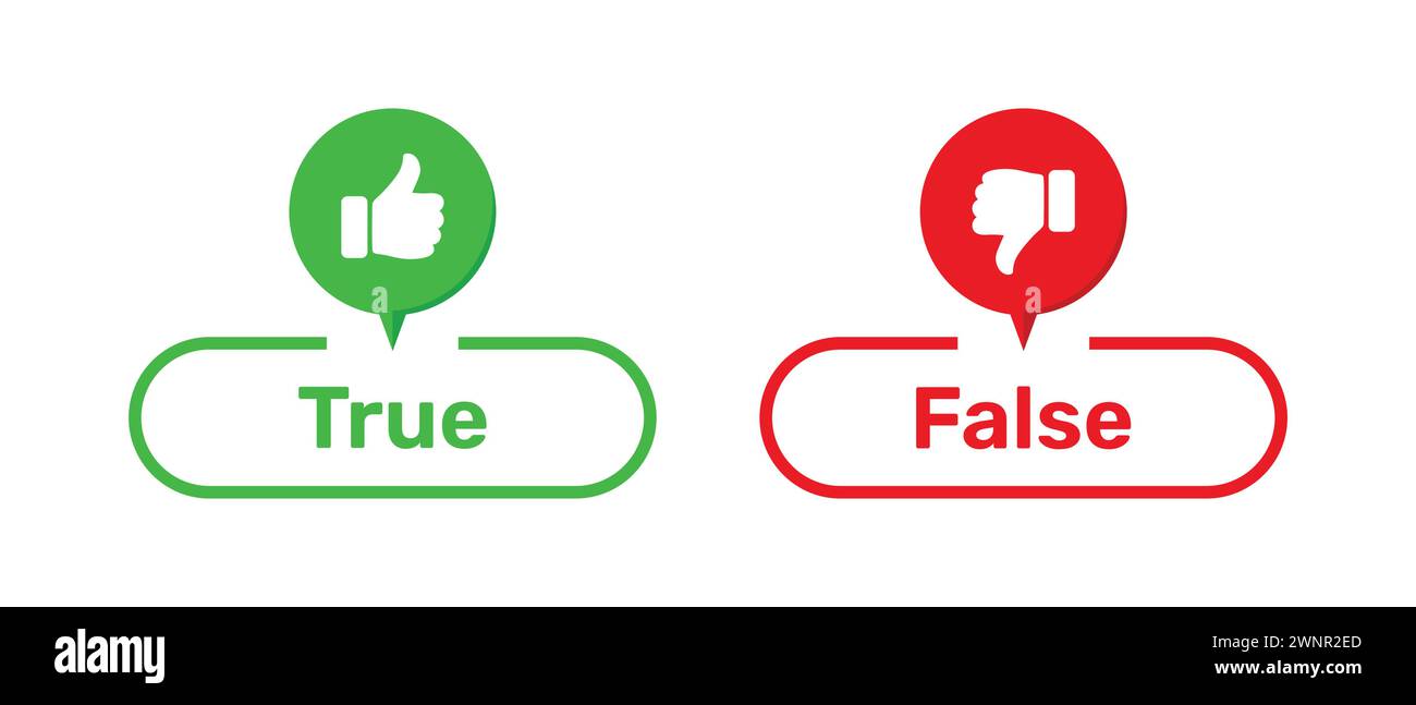 True and False buttons with like and dislike symbols in green and red. True and False with thumbs up and thumbs down symbols. Stock Vector