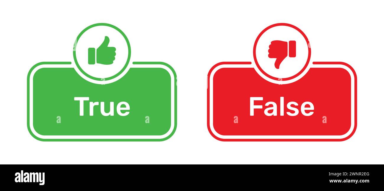 Like and Dislike symbols with True and False buttons in green and red. True False icons with thumbs up and thumbs down symbols. Stock Vector