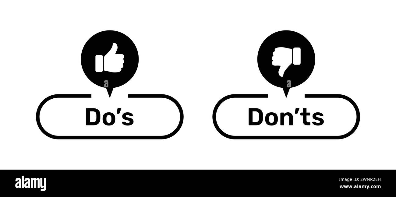 Do's and Don'ts buttons with like and dislike symbols black color. Do's and Don'ts buttons with thumbs up and thumbs down symbols. Stock Vector