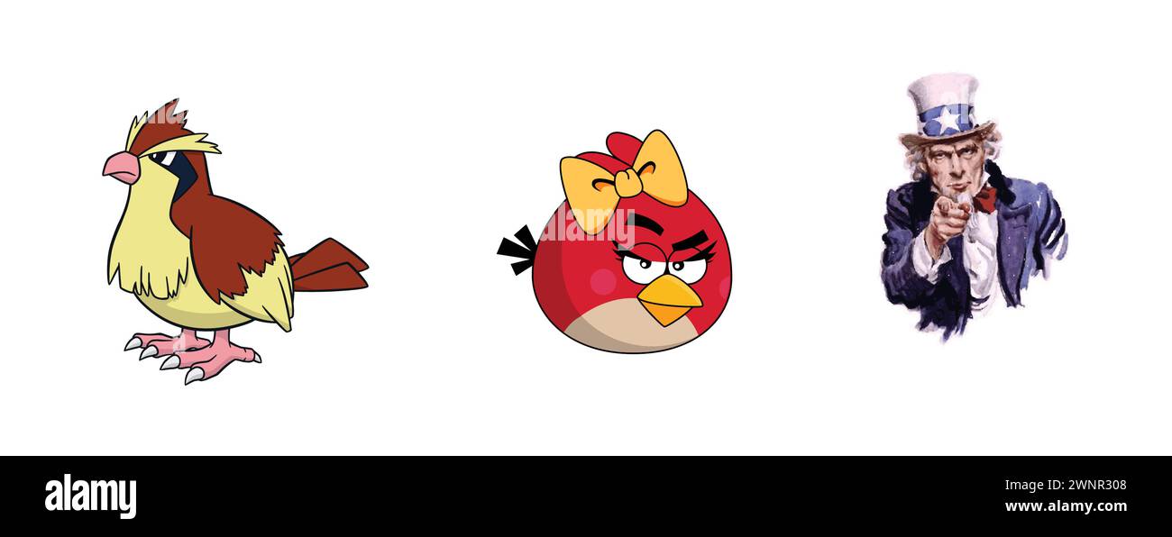 Pidgey, Uncle Sam, Happy Angry Bird. Most popular arts and design logo collection. Stock Vector