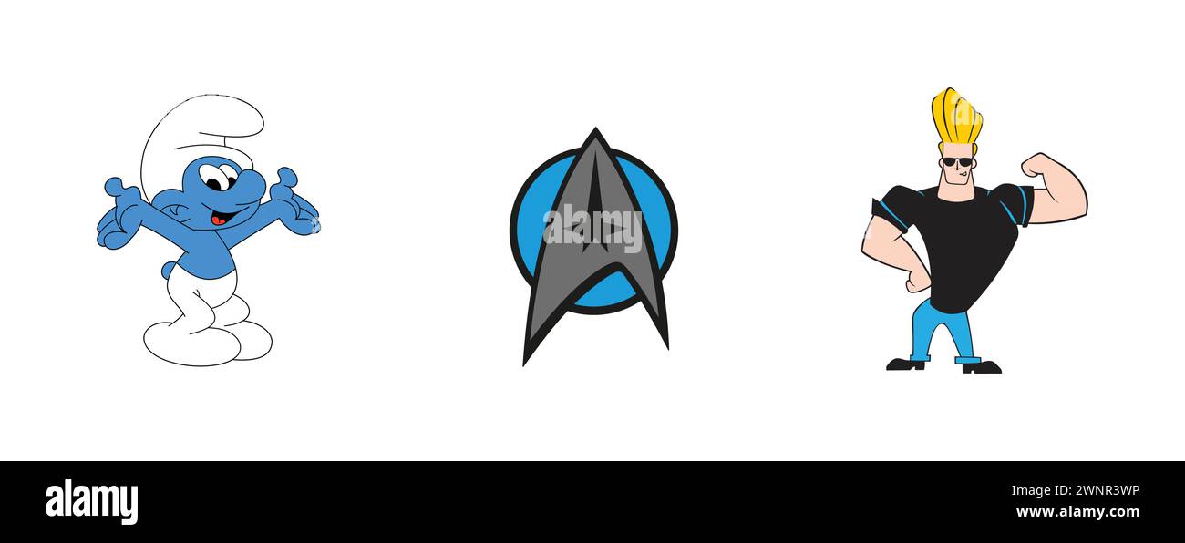Emblem Star Trek, Smurf, Johnny Bravo. Most popular arts and design logo collection. Stock Vector