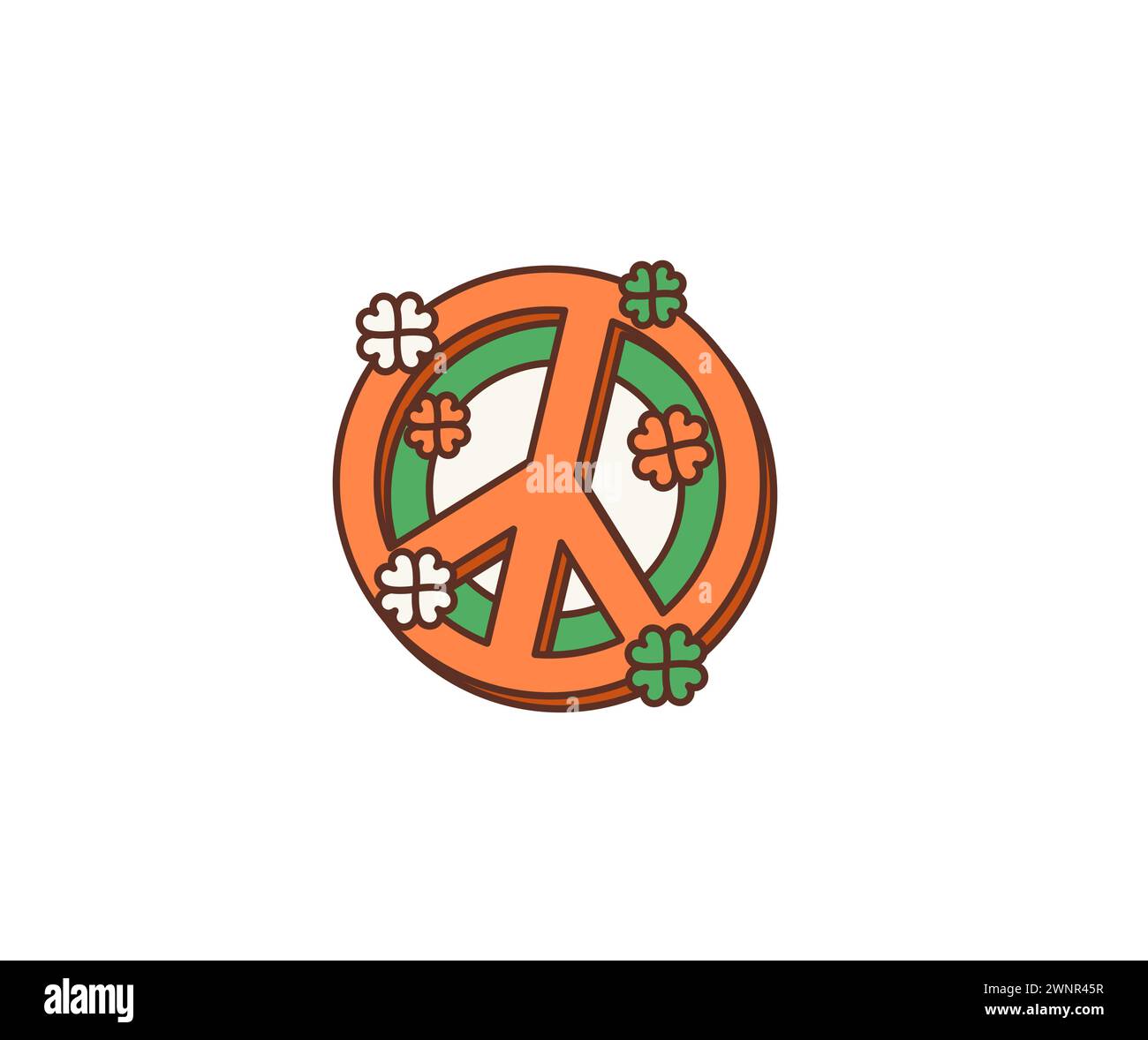 Cartoon retro groovy hippie peace sign, saint patrick day holiday. Isolated vector vibrant, iconic emblem, symbolizing unity, harmony, love and non-violence, embodying the 1960s and 70s hippy movement Stock Vector