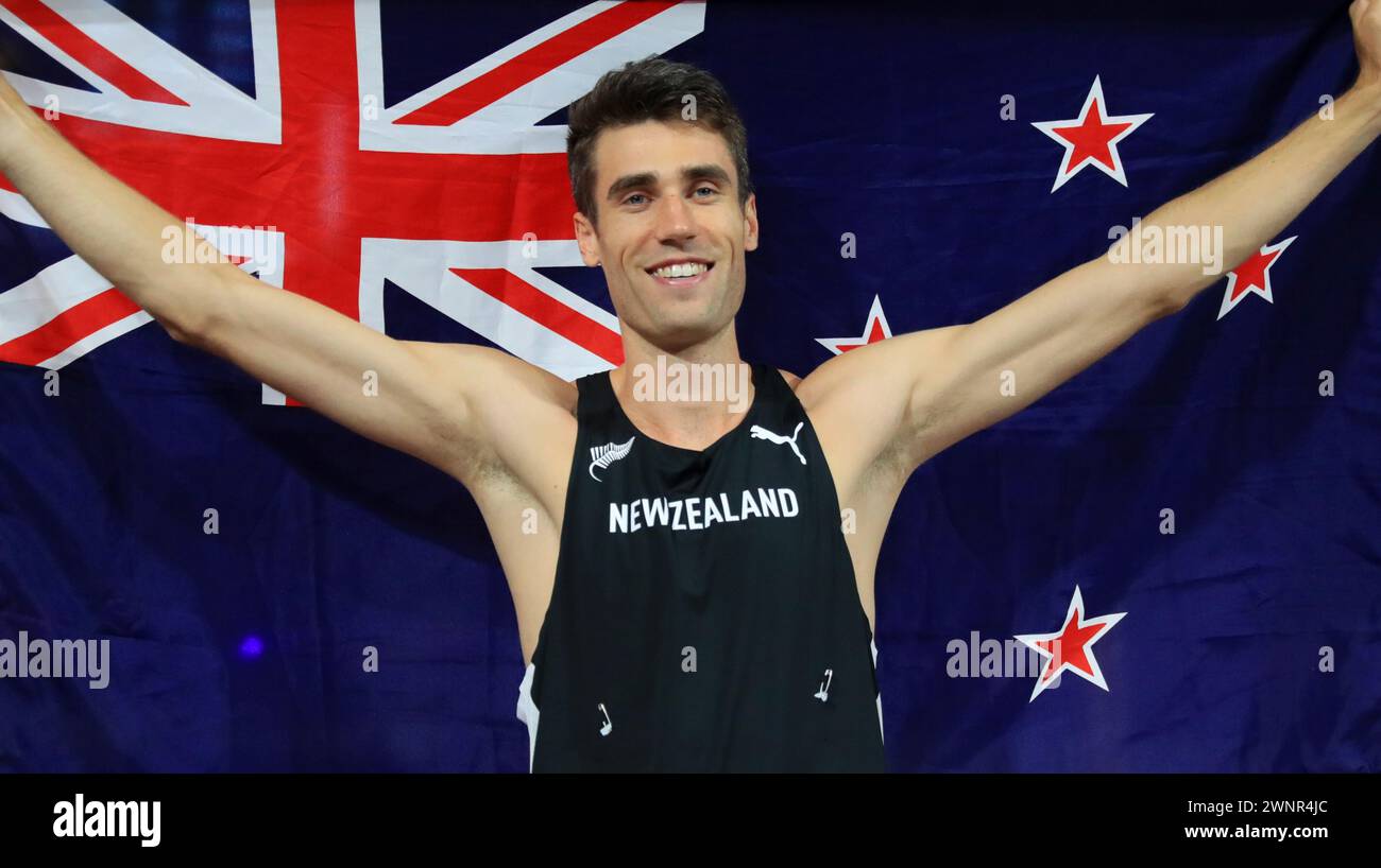 Glasgow, Britain. 3rd Mar, 2024. Hamish Kerr of New Zealand celebrates