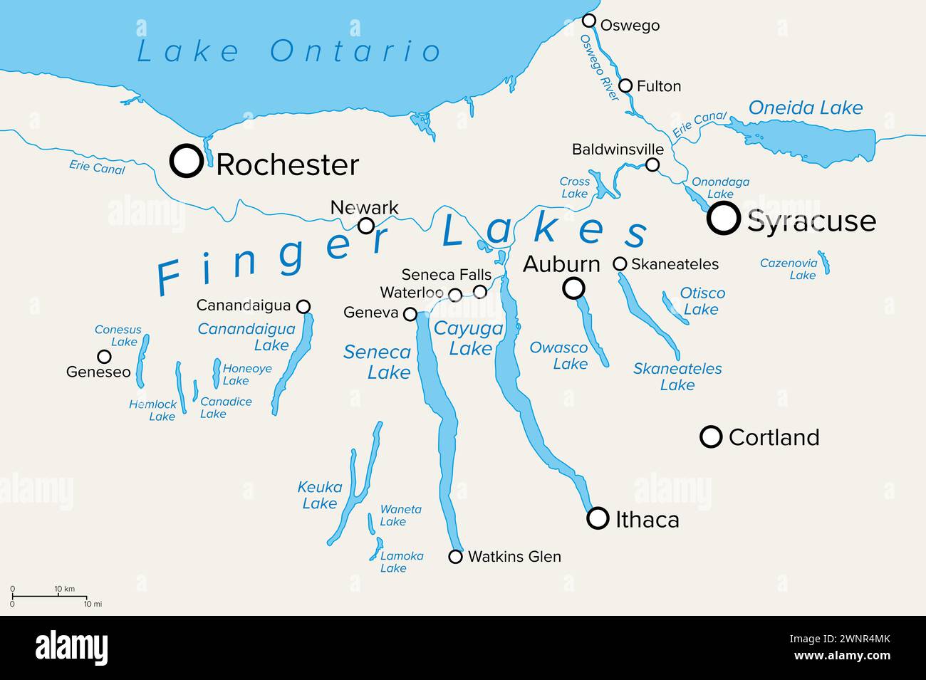 Finger Lakes region in New York State, in the United States, political map, with most important cities. Group of eleven long, narrow lakes. Stock Photo