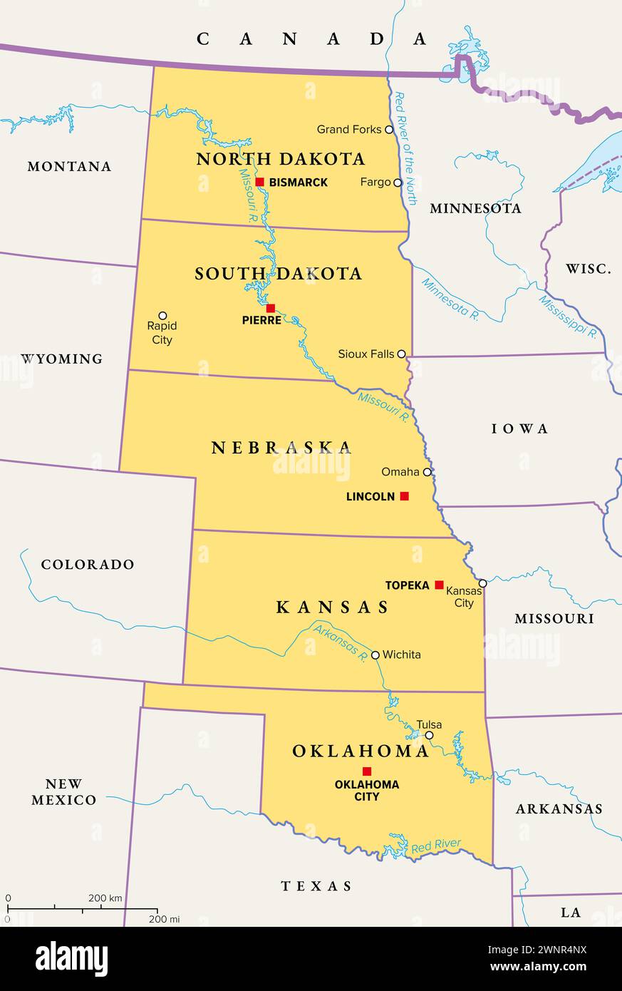 Great Plains Region of the United States, political map. Sometimes simply the Plains, are a broad expanse of flatland in North America. Stock Photo