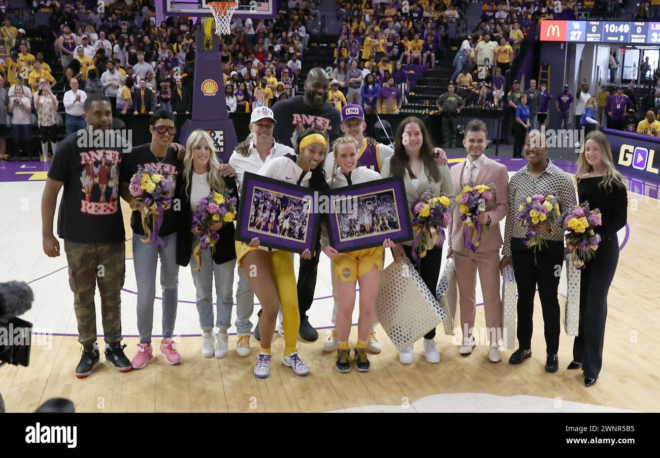 Baton Rouge, USA. 03rd Mar, 2024. Both LSU Lady Tigers forward Angel Reese (10) and guard Hailey Van Lith (11) pose for a photo with their families as they are being honored on Senior Night during a Southeastern Conference women's college basketball game at Pete Maravich Assembly Center in Baton Rouge, Louisiana on Sunday, March 3, 2023. (Photo by Peter G. Forest/Sipa USA) Credit: Sipa USA/Alamy Live News Stock Photo