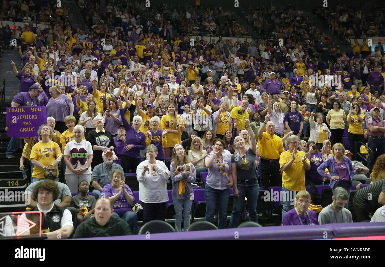 Baton Rouge, USA. 03rd Mar, 2024. The LSU Lady Tigers fans cheer both forward Angel Reese (10) and guard Hailey Van Lith (11) on Senior Night during a Southeastern Conference women's college basketball game at Pete Maravich Assembly Center in Baton Rouge, Louisiana on Sunday, March 3, 2023. (Photo by Peter G. Forest/Sipa USA) Credit: Sipa USA/Alamy Live News Stock Photo