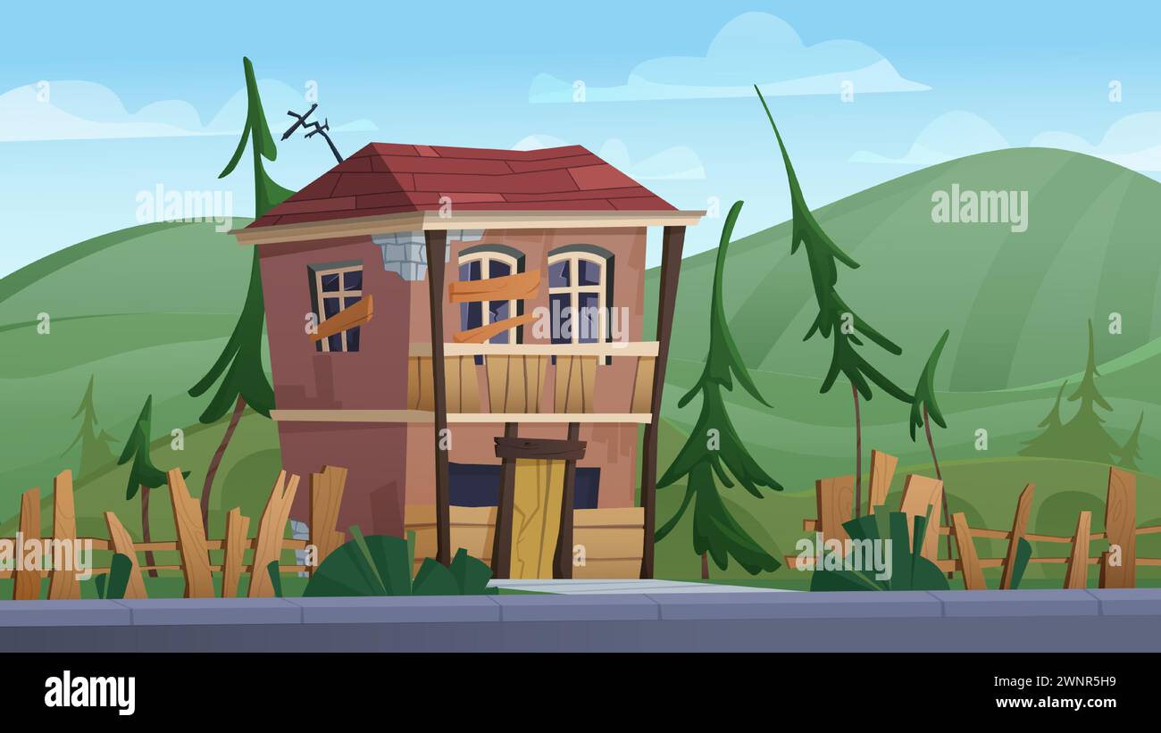 Abandoned old broken house with damaged fence on background with green hills. Cartoon vector dilapidated building with cracked windows boarded up with wooden planks, destroyed walls, derelict roof. Stock Vector