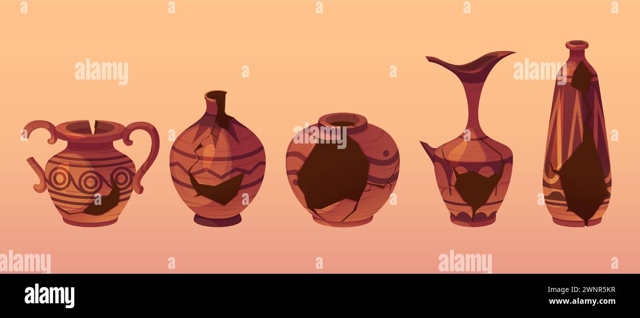 Broken and cracked ancient pottery products decorated with traditional greek patterns. Cartoon vector illustration set of museum artifact of crashed antique ceramic and terracotta handicraft tableware Stock Vector