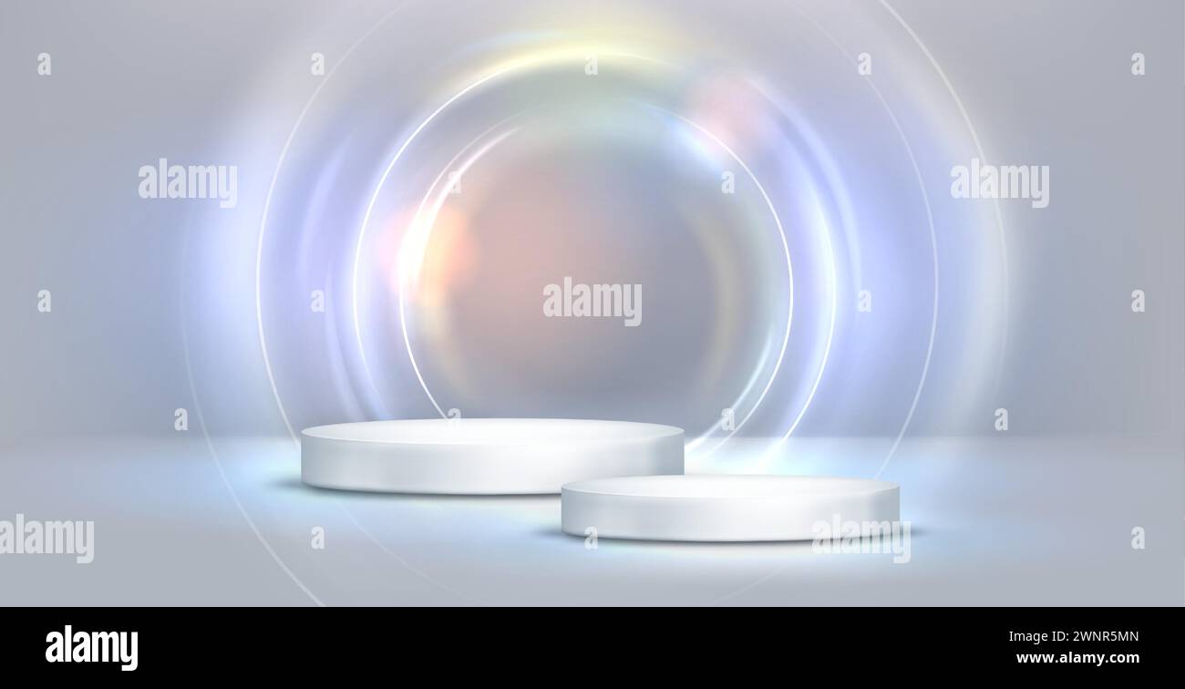White cylinder podium of two heights on studio background with floor, wall and light neon circle. Realistic vector illustration of product display platform with glow bright ring or lens flare effect Stock Vector