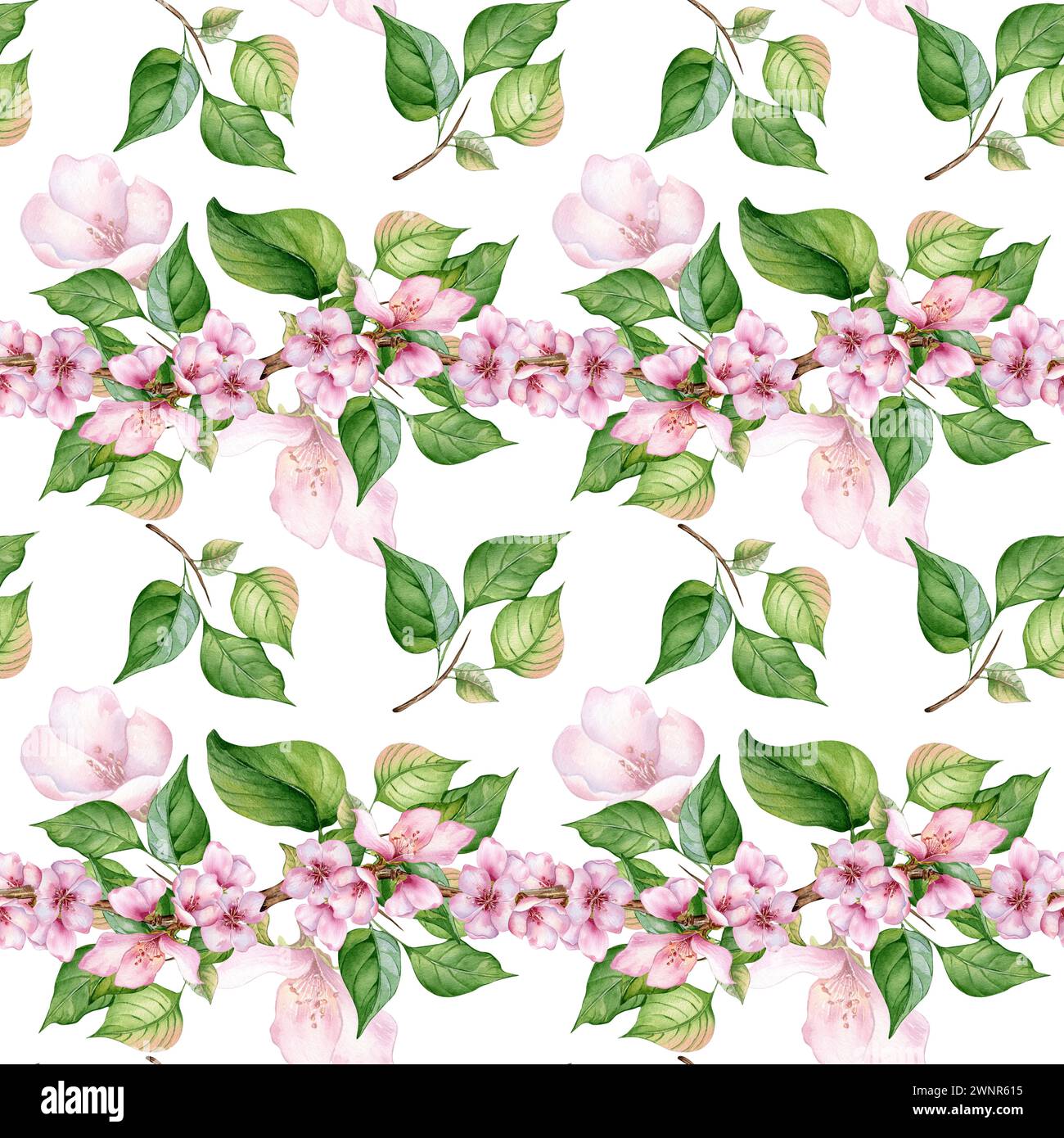 Watercolor branch of cherry tree with pink flowers seamless pattern ...