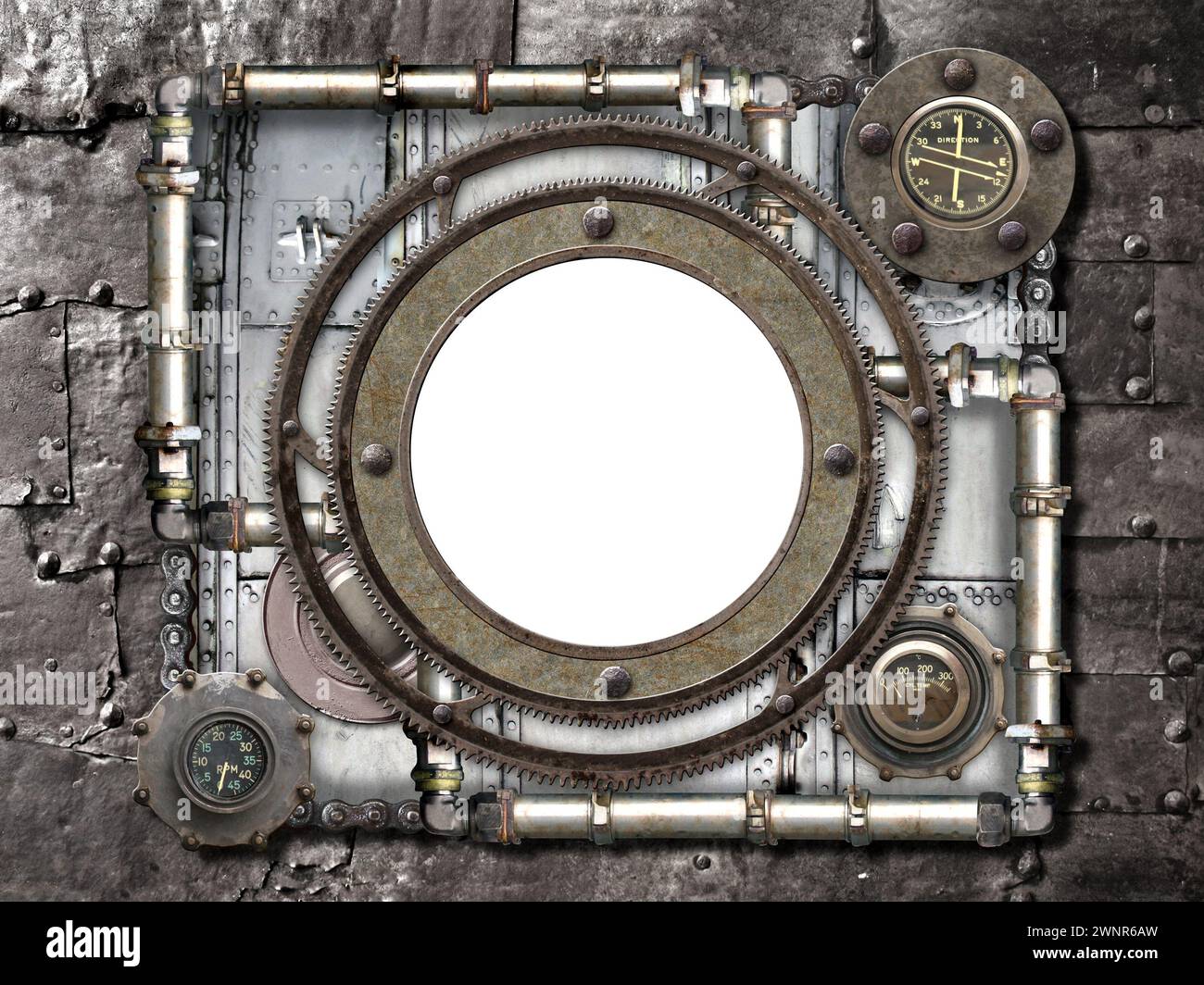 Metallic frame with vintage metal details, pipelines, gear, retro ...
