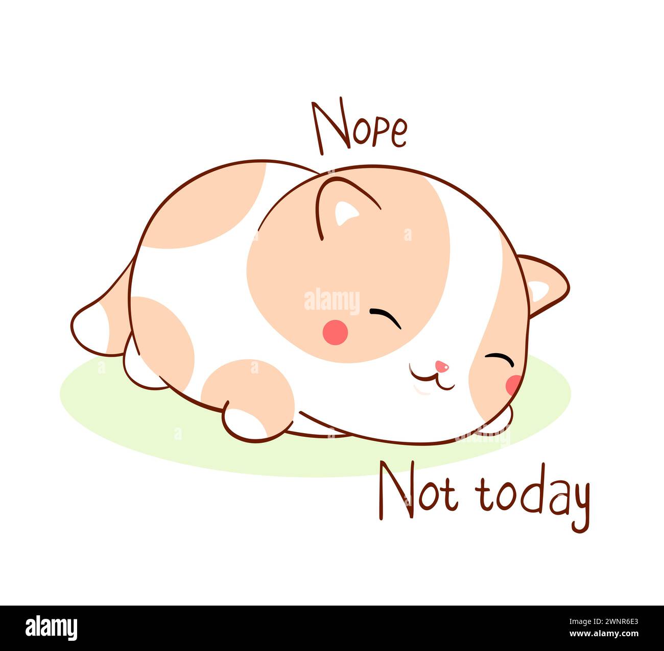 Square card with a lying lazy cat and inscription Nope Not today. Funny sleeping fat cat in kawaii style. Vector illustration EPS8 Stock Photo
