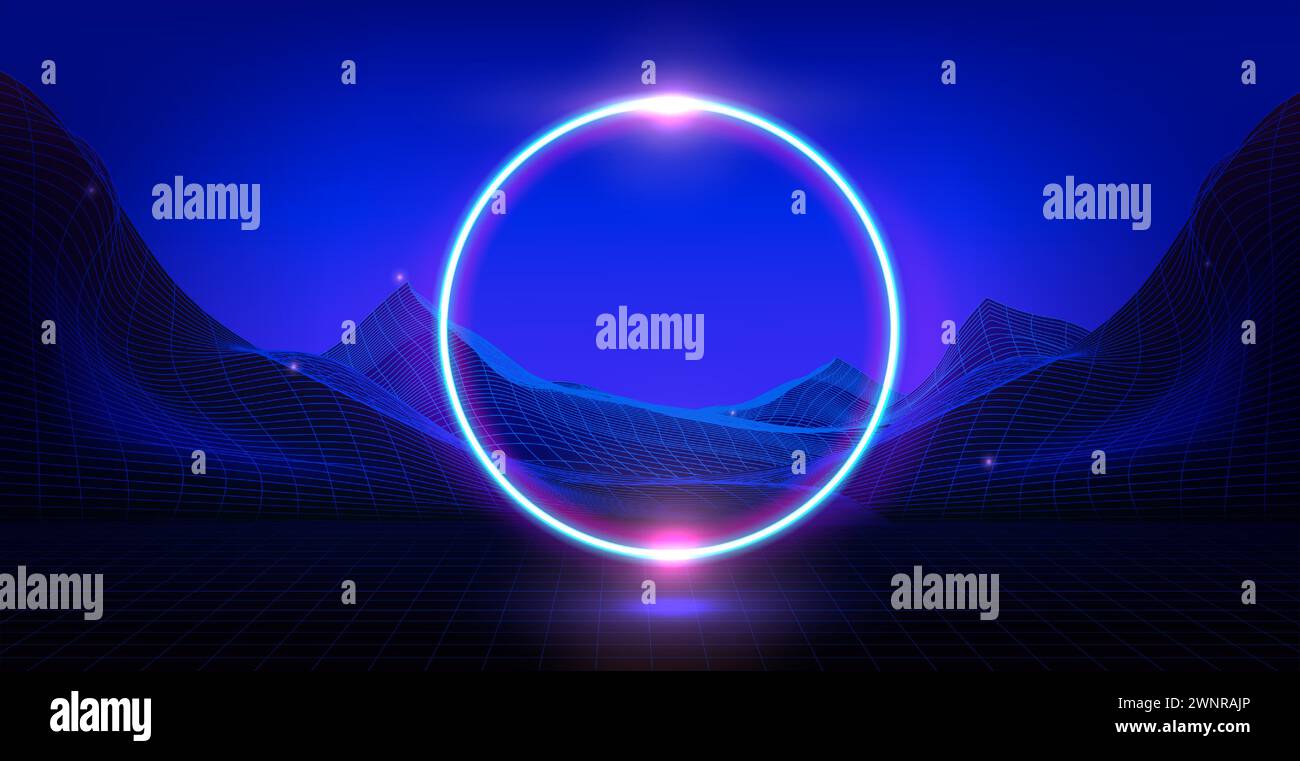 Cyberpunk background with neon circle on wireframe landscape. Vector realistic illustration of y2k style banner, retro wave black and blue gradient grid mountains, synthwave light frame design Stock Vector