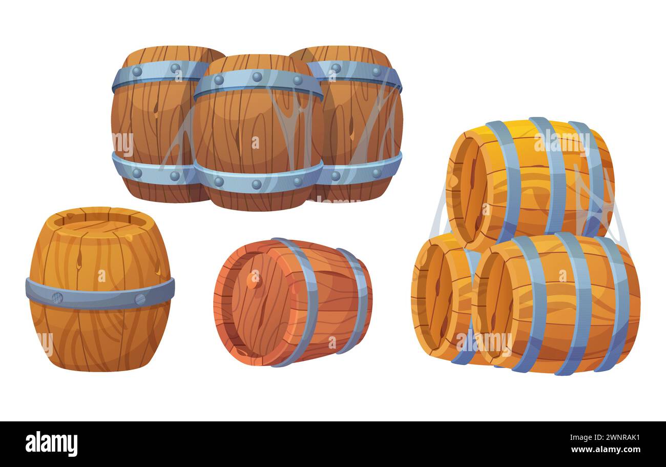 Old wooden barrels with metallic rings for wine and whiskey making, gunpowder and tnt storage. Cartoon vector illustration set of old wood keg. Vintage standing and lying cask stacked and single. Stock Vector