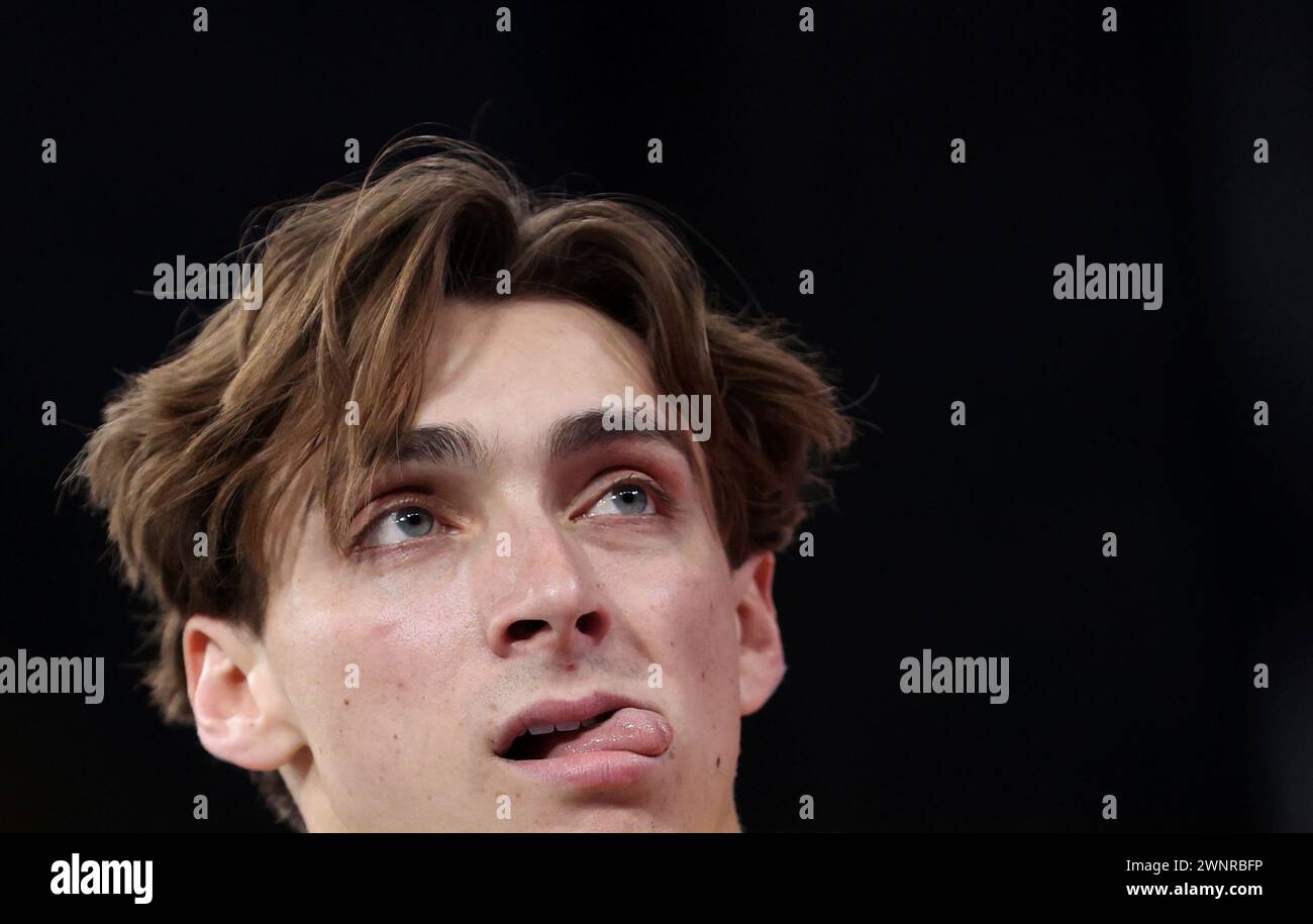 Glasgow, Britain. 3rd Mar, 2024. Armand Duplantis of Sweden reacts in