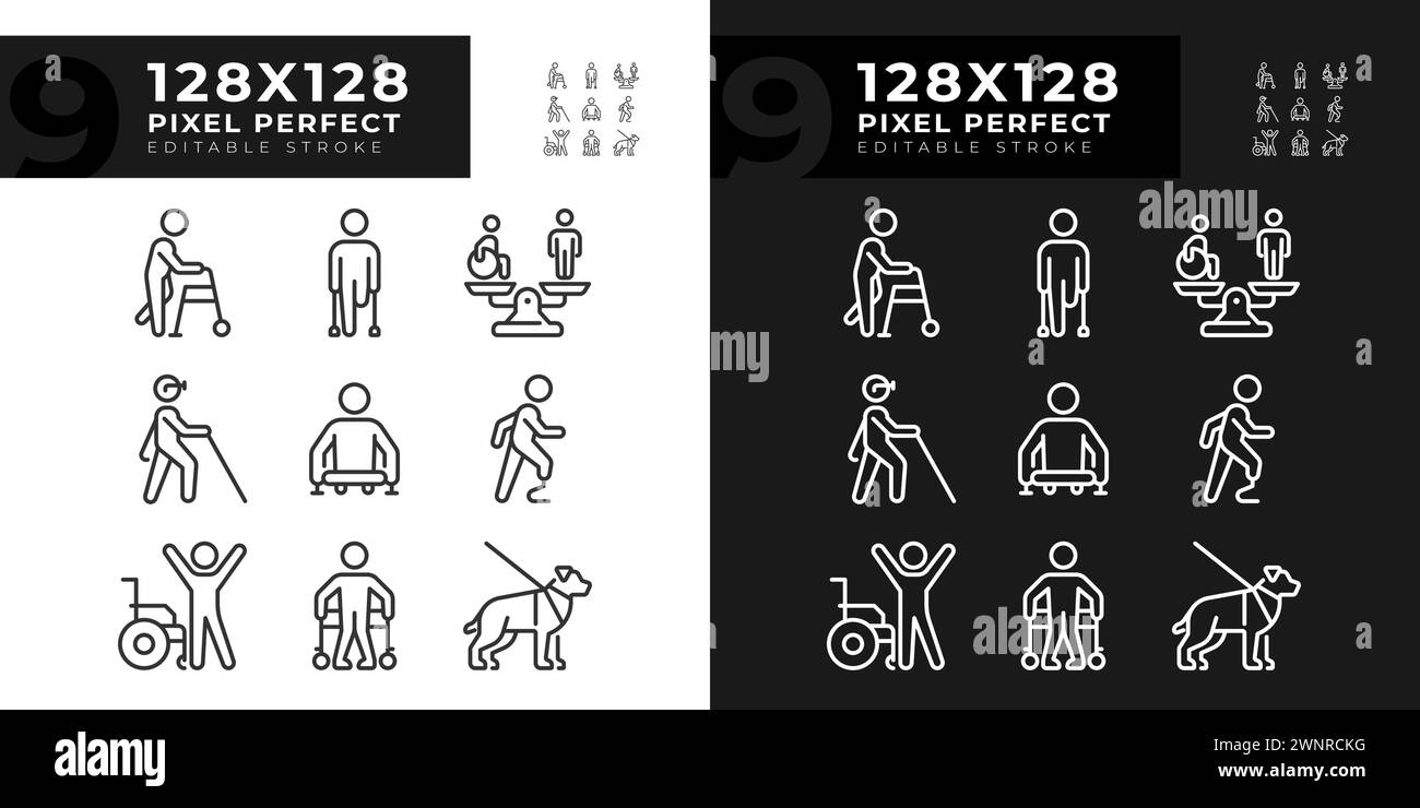 People with amputation linear icons set for dark, light mode Stock Vector