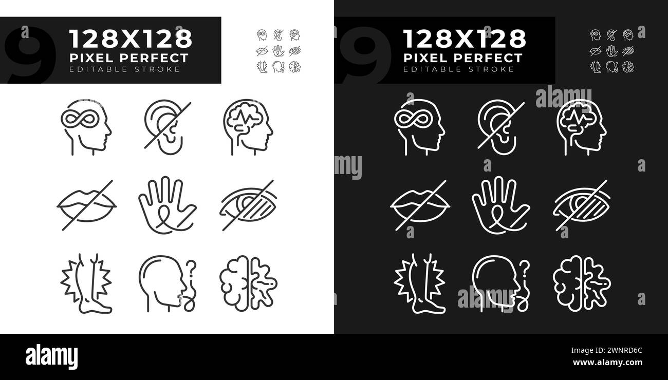 People with perception disorders linear icons set for dark, light mode ...