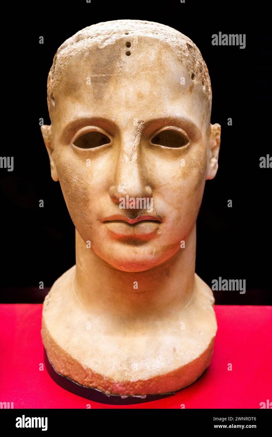 Head of an Acrolithic statue from Ciro' Marina, Apollo Alaios temple  - Museo Archeologico Nazionale, Reggio Calabria, Italy Stock Photo