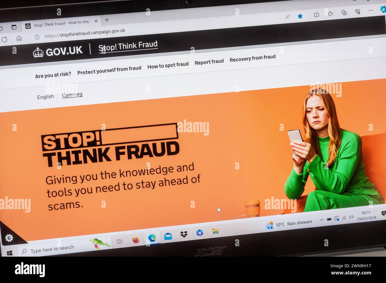 Stop Think Fraud web page, government information or advice on Gov.uk website about how to spot fraudsters and protect yourself Stock Photo
