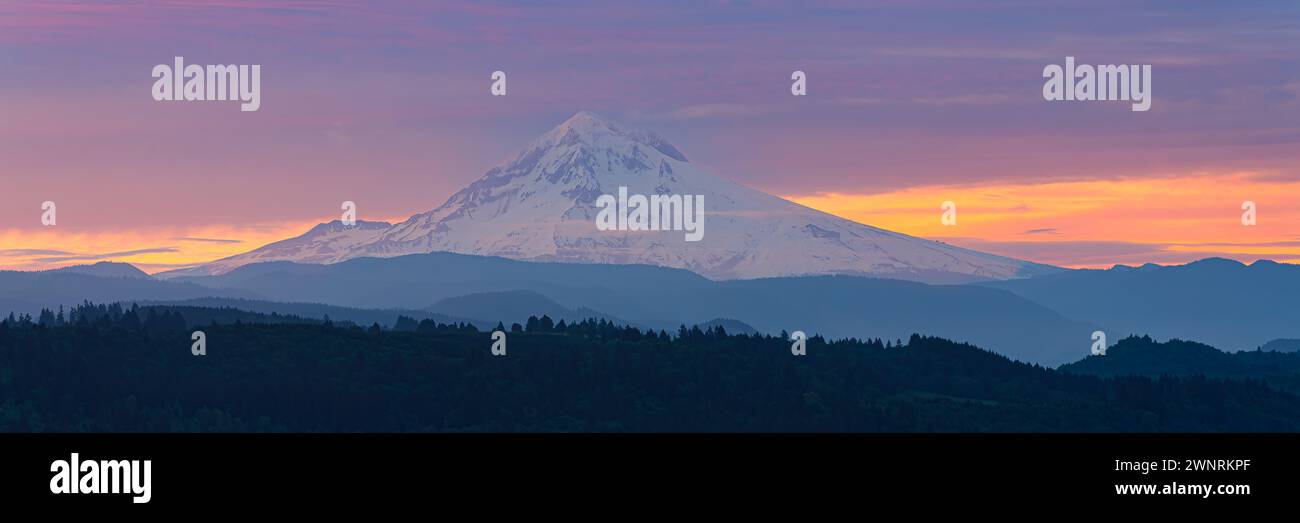 A wide 3:1 panorama photo from a glorious sunrise with view towards Mount Hood, located in the state of Oregon, American northwest. Stock Photo