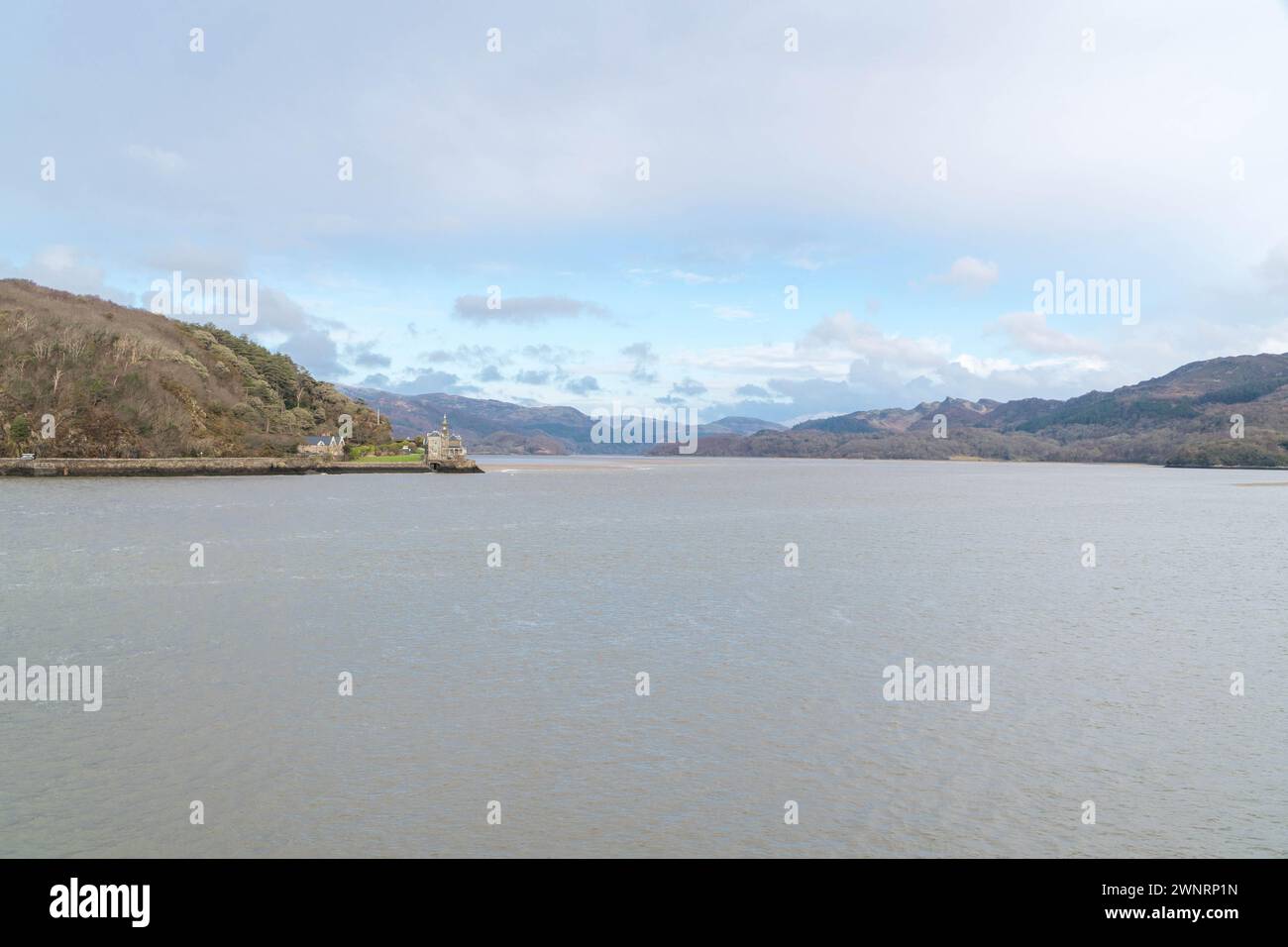 View along the Mawddach Estuary towards The Gothic style Clock House