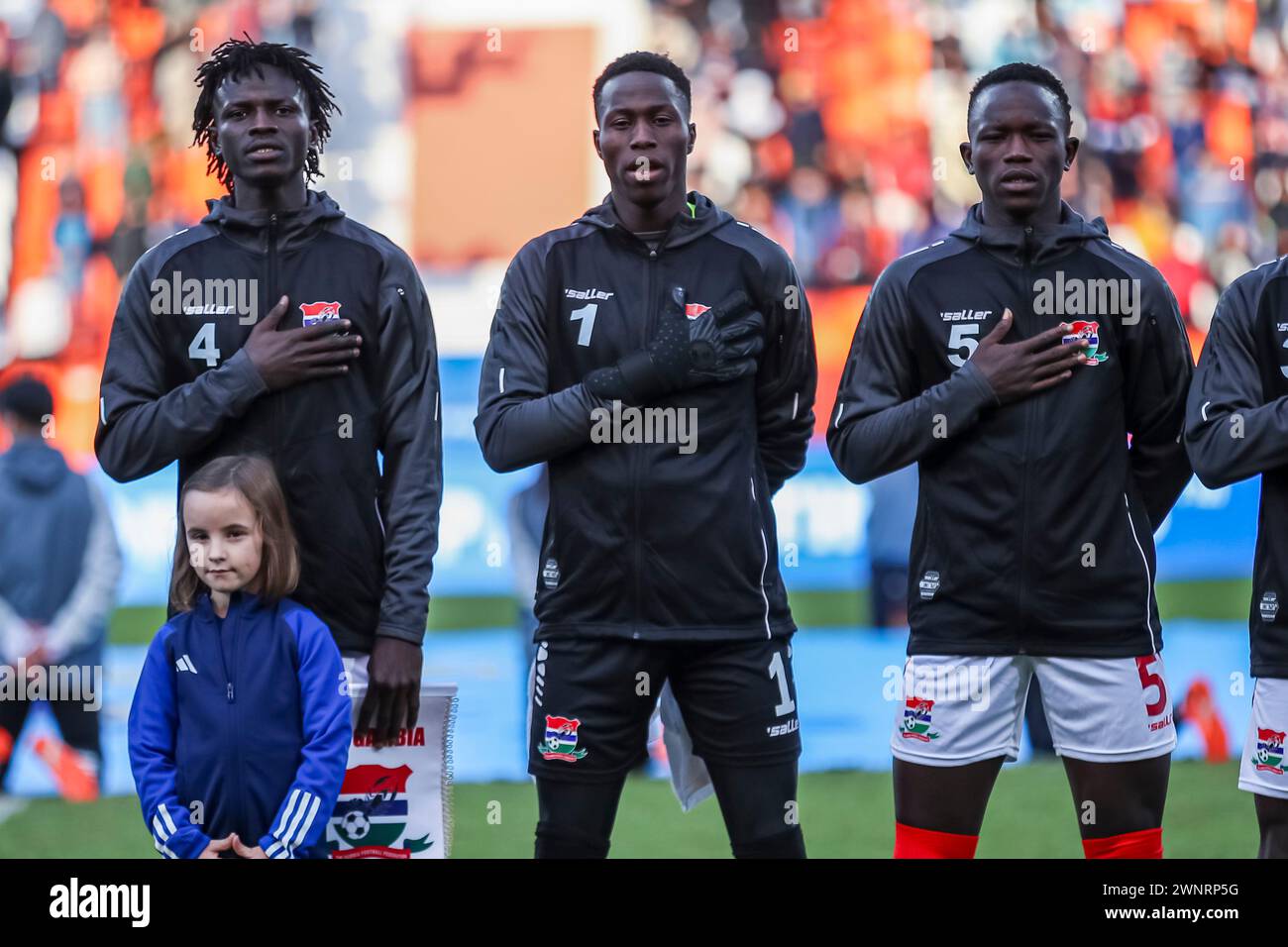 MENDOZA, ARGENTINA - MAY 28: Alagie Saine, Goalkeeper Pa Ebou Dampha and Dembo Saidykhan during FIFA U20 World Cup Argentina 2023 match between Korea Stock Photo