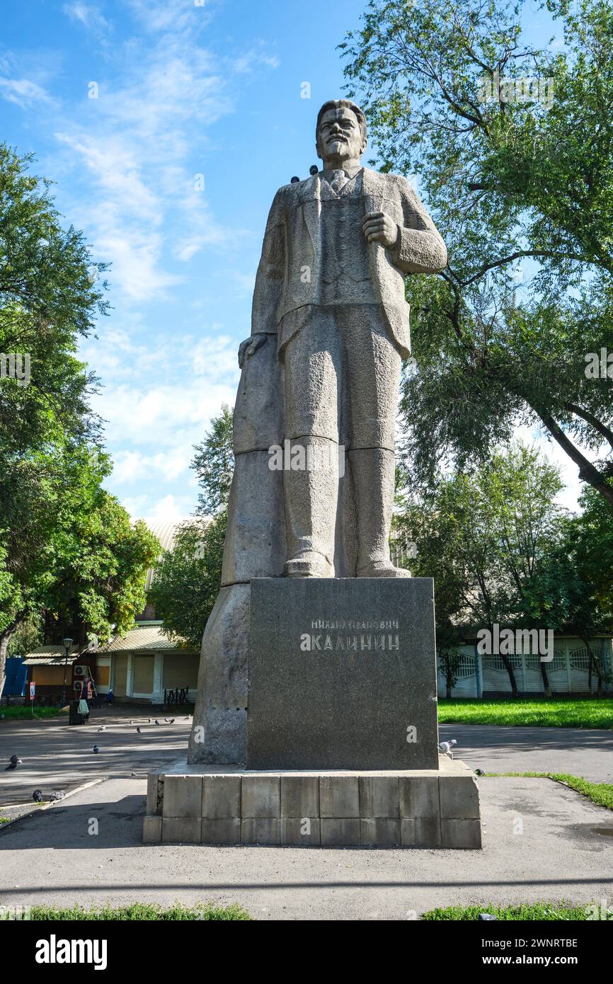 A stone, marble statue of the leader, Mikhail Kalinin. The Muzey Pamyatnikov Sovetskoy Skul'ptury in the Square of Sary-Arka of Family Park in Almaty, Stock Photo