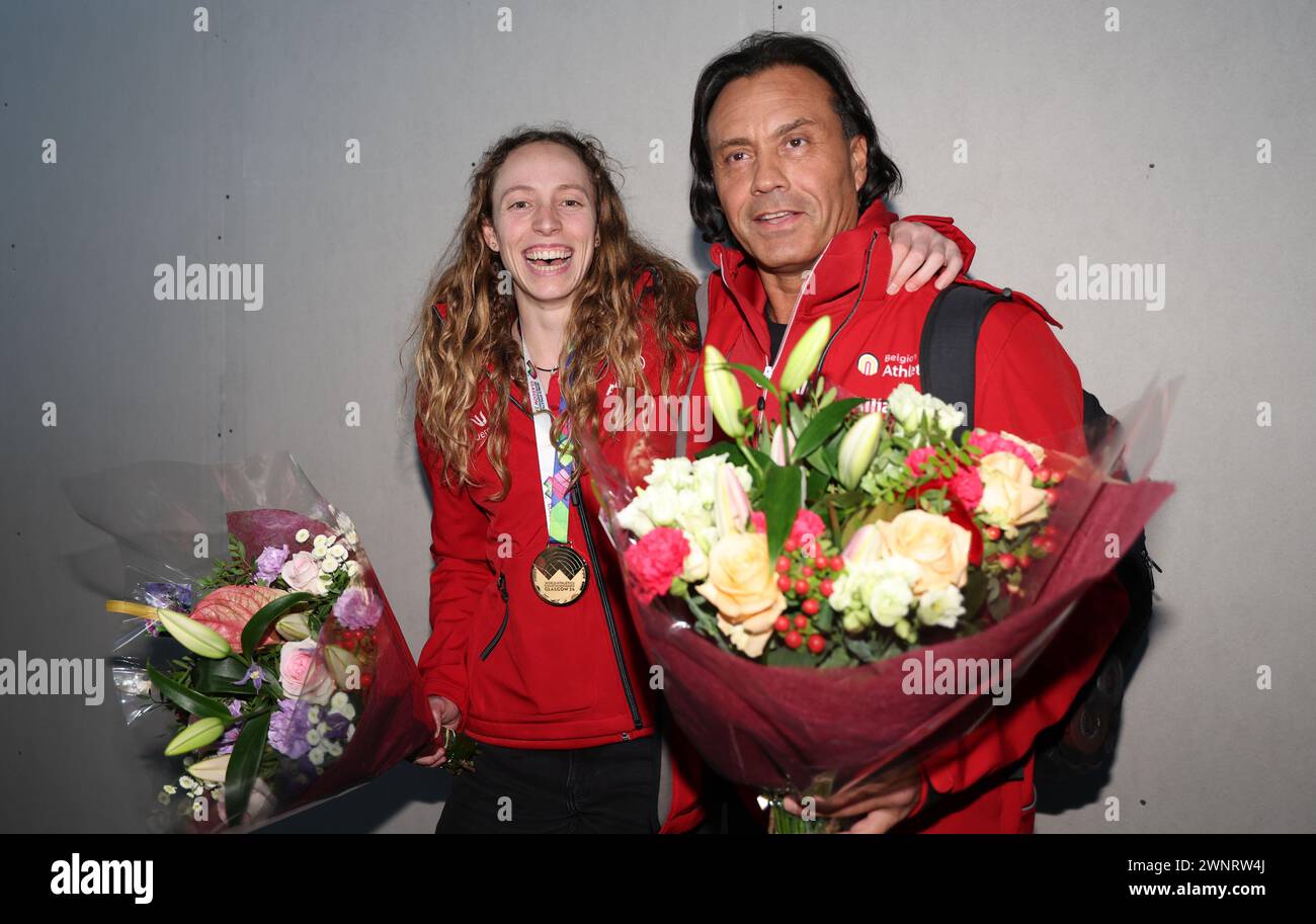 Belgian Noor Vidts and Belgian athletics coach Olivia Fernando pose for the photographer the arrival of the athletes returning from the World Athletics Indoor Championships in Glasgow, Scotland, UK, at Charleroi Brussels South Airport, in Charleroi, on Sunday 03 March 2024. Belgium won three gold medals and one bronze medal at the World Championships Indoor. BELGA PHOTO VIRGINIE LEFOUR Stock Photo