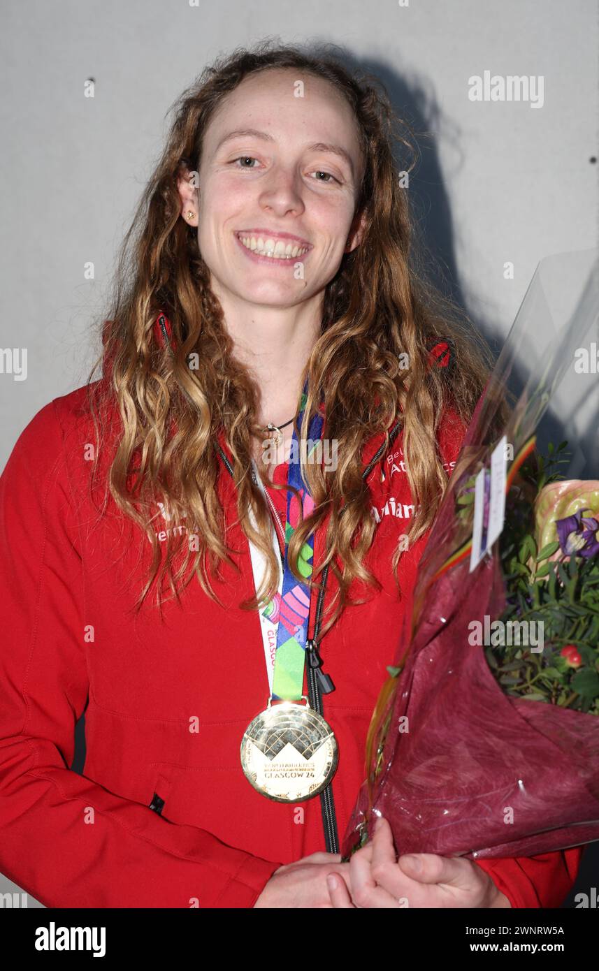 Belgian Noor Vidts poses for the photographer at the arrival of the athletes returning from the World Athletics Indoor Championships in Glasgow, Scotland, UK, at Charleroi Brussels South Airport, in Charleroi, on Sunday 03 March 2024. Belgium won three gold medals and one bronze medal at the World Championships Indoor. BELGA PHOTO VIRGINIE LEFOUR Stock Photo