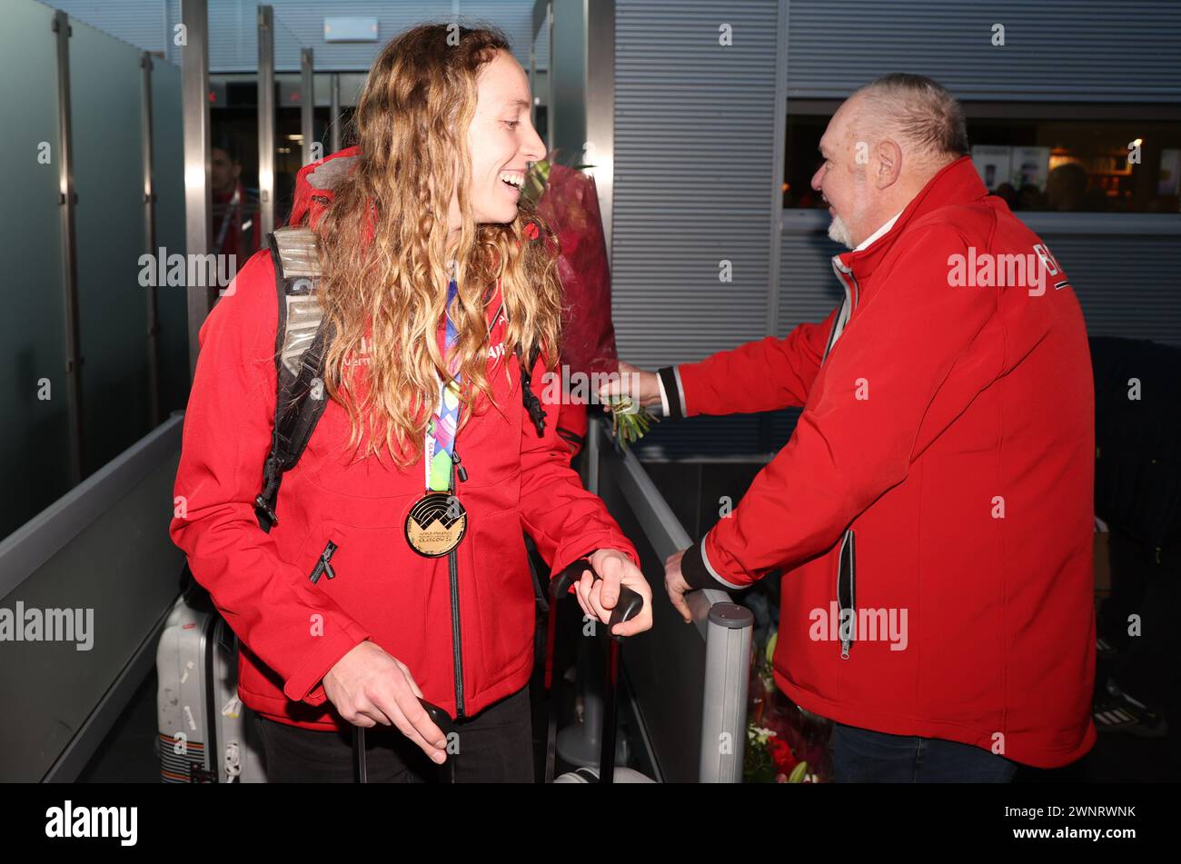 Charleroi, Belgium. 04th Mar, 2024. Belgian Noor Vidts pictured during the arrival of the athletes returning from the World Athletics Indoor Championships in Glasgow, Scotland, UK, at Charleroi Brussels South Airport, in Charleroi, on Sunday 03 March 2024. Belgium won three gold medals and one bronze medal at the World Championships Indoor. BELGA PHOTO VIRGINIE LEFOUR Credit: Belga News Agency/Alamy Live News Stock Photo