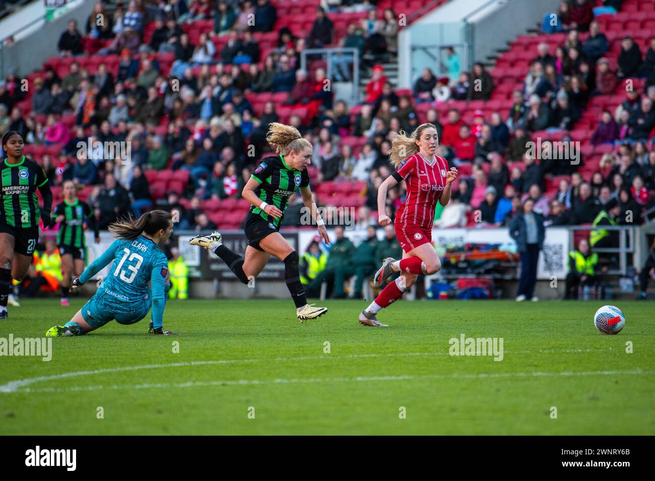Bristol. UK. 3 March, 2024. Katie Robison for Brighton goes through on goal after beating Brighton's keeper Olivia Clark and Megan Connolly. Credit: Shell Lawrence Photography/Alamy Live News Stock Photo