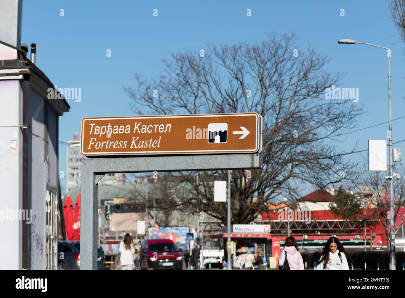 Tourist destination sign, historic building Kastel fortress in Banja ...