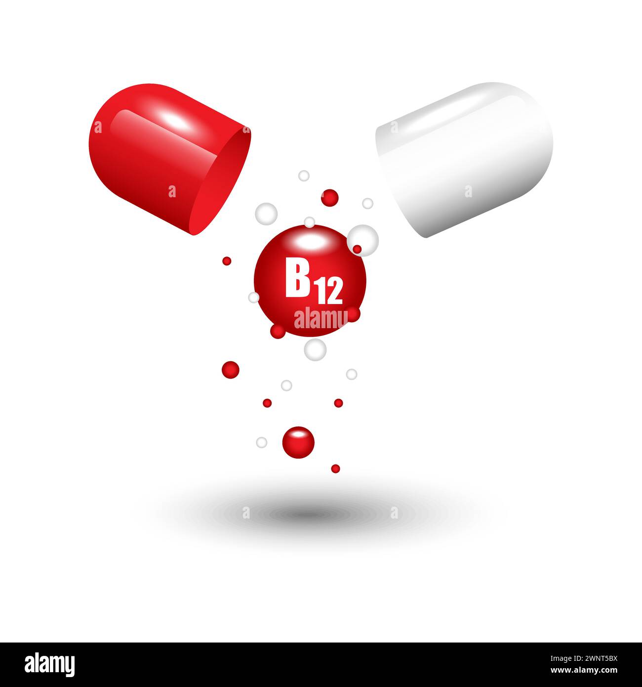 Open capsule pill with falling out molecules. B12, methylcobalamin vitamine. Vector illustration. EPS 10. stock image. Stock Vector