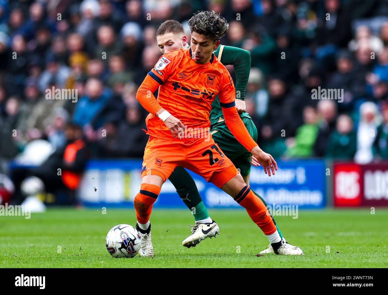 Ipswich Town's Jeremy Sarmiento in action during the Sky Bet Championship match at Home Park, Plymouth. Picture date: Saturday March 2, 2024. Stock Photo