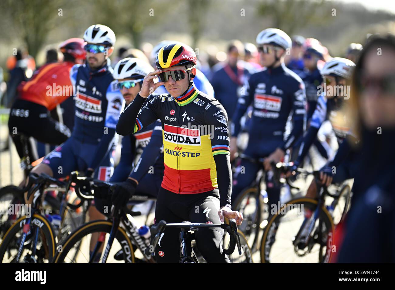 Thoiry, France. 04th Mar, 2024. Belgian Remco Evenepoel of Soudal Quick-Step pictured at the start of the second stage of the Paris-Nice eight days cycling stage race, 177, 6 km from Thoiry to Montargis, France, Monday 04 March 2024. BELGA PHOTO JASPER JACOBS Credit: Belga News Agency/Alamy Live News Stock Photo
