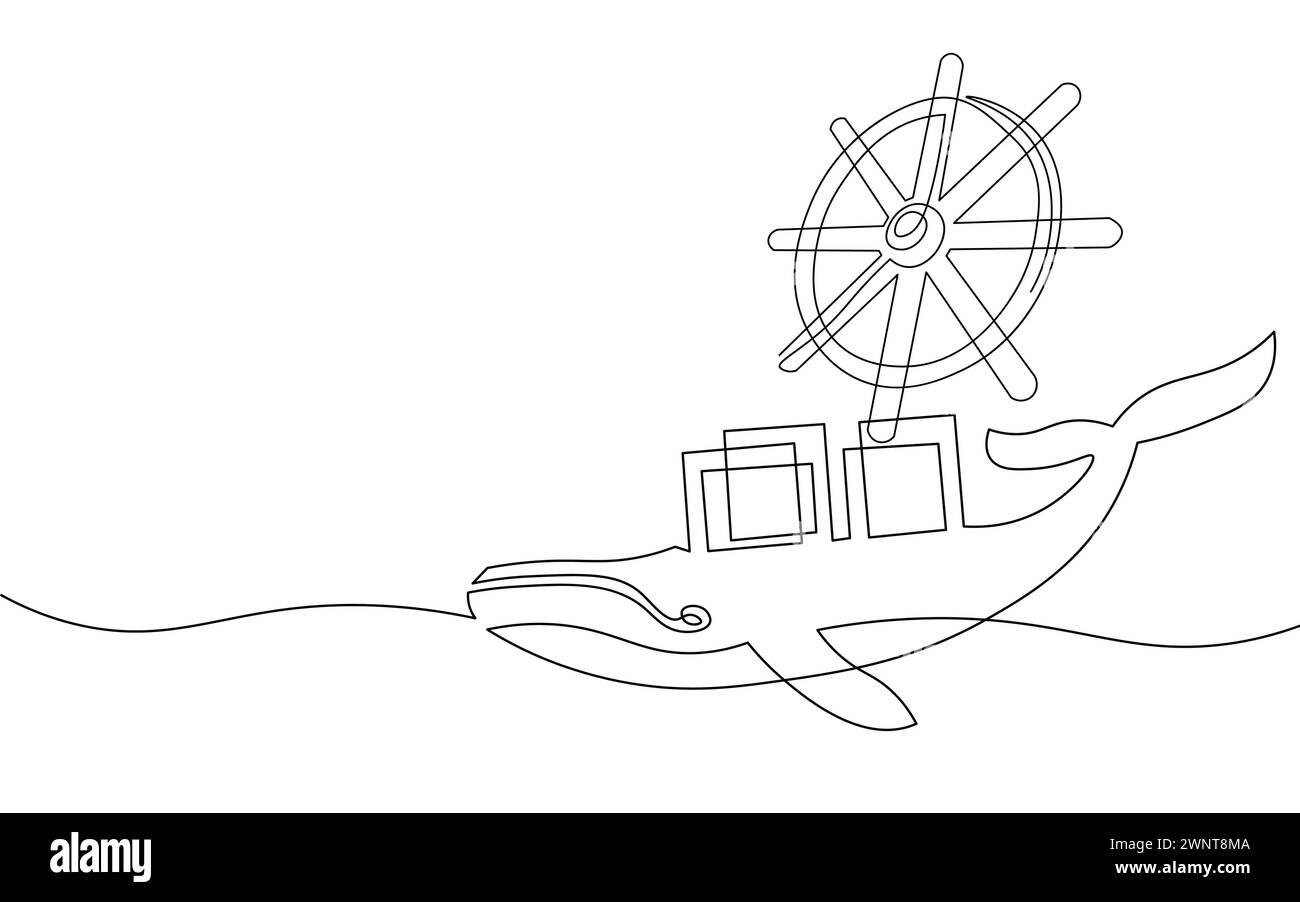 One continuous line wheel helm computer developer app concept. Business digital open source program. Data coding steering vector line illustration. Stock Vector