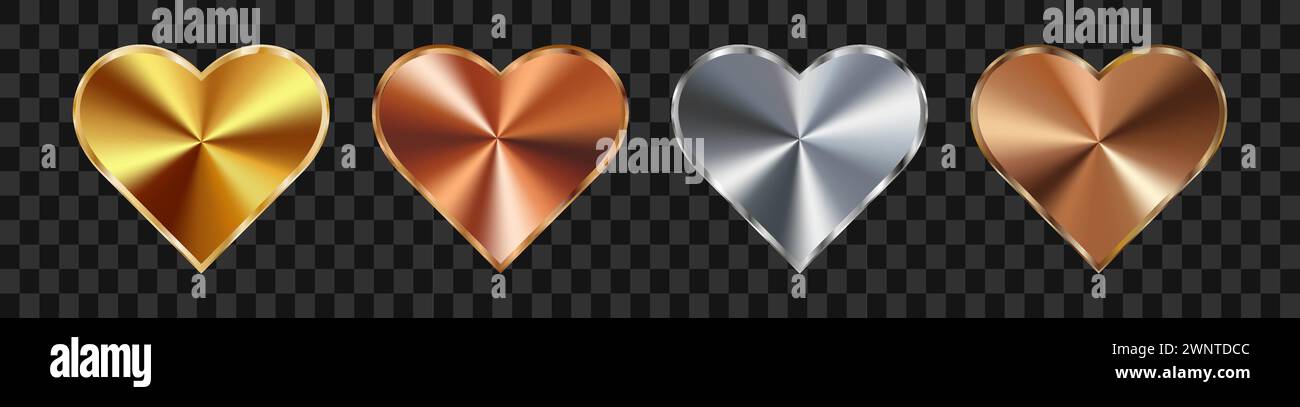 Set of heart shaped holograms. Aluminum, silver, copper, gold, bronze color gradient. 3d vector on a black background. Stock Vector