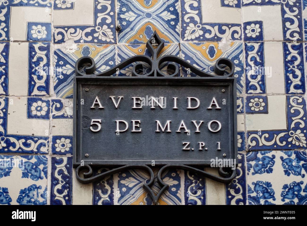 Avenida 5 de Mayo street sign on decorative tiled wall in Ciudad de Mexico Stock Photo