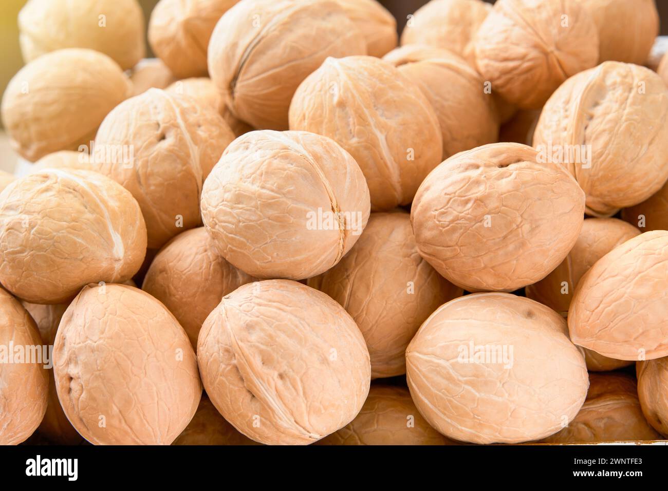 Walnut nuts texture. Food background. Top view. Close up. Stock Photo