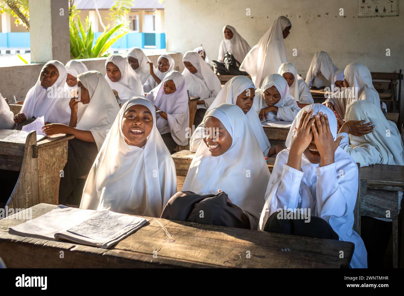 Muslim girl students in an English class at Jambiani Secondary School in Jambiani, Zanzibar, Tanzania. Stock Photo