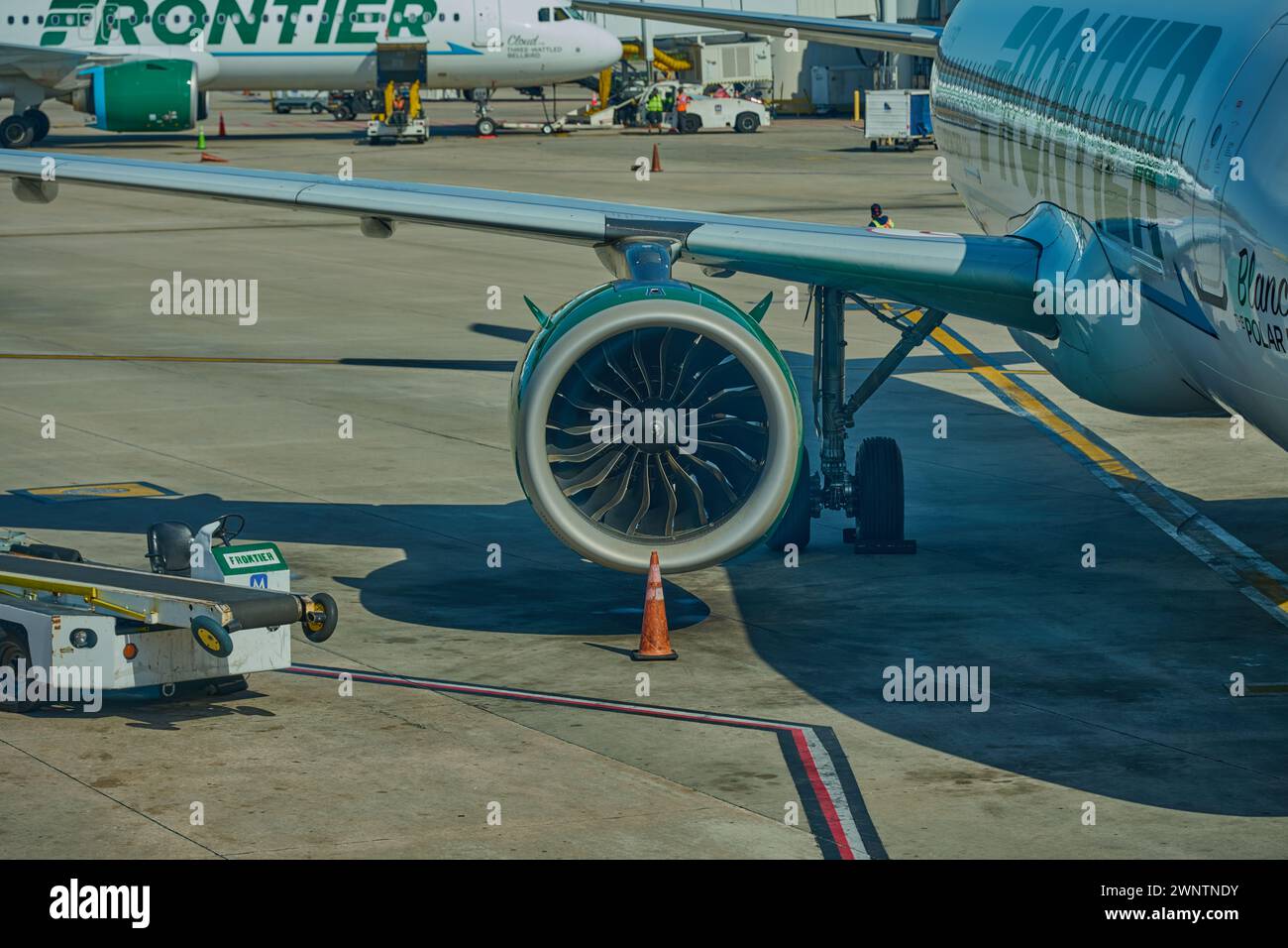 Budget airline travel. Airbus versus Boeing. Frontier airlines, budget air travel. Stock Photo