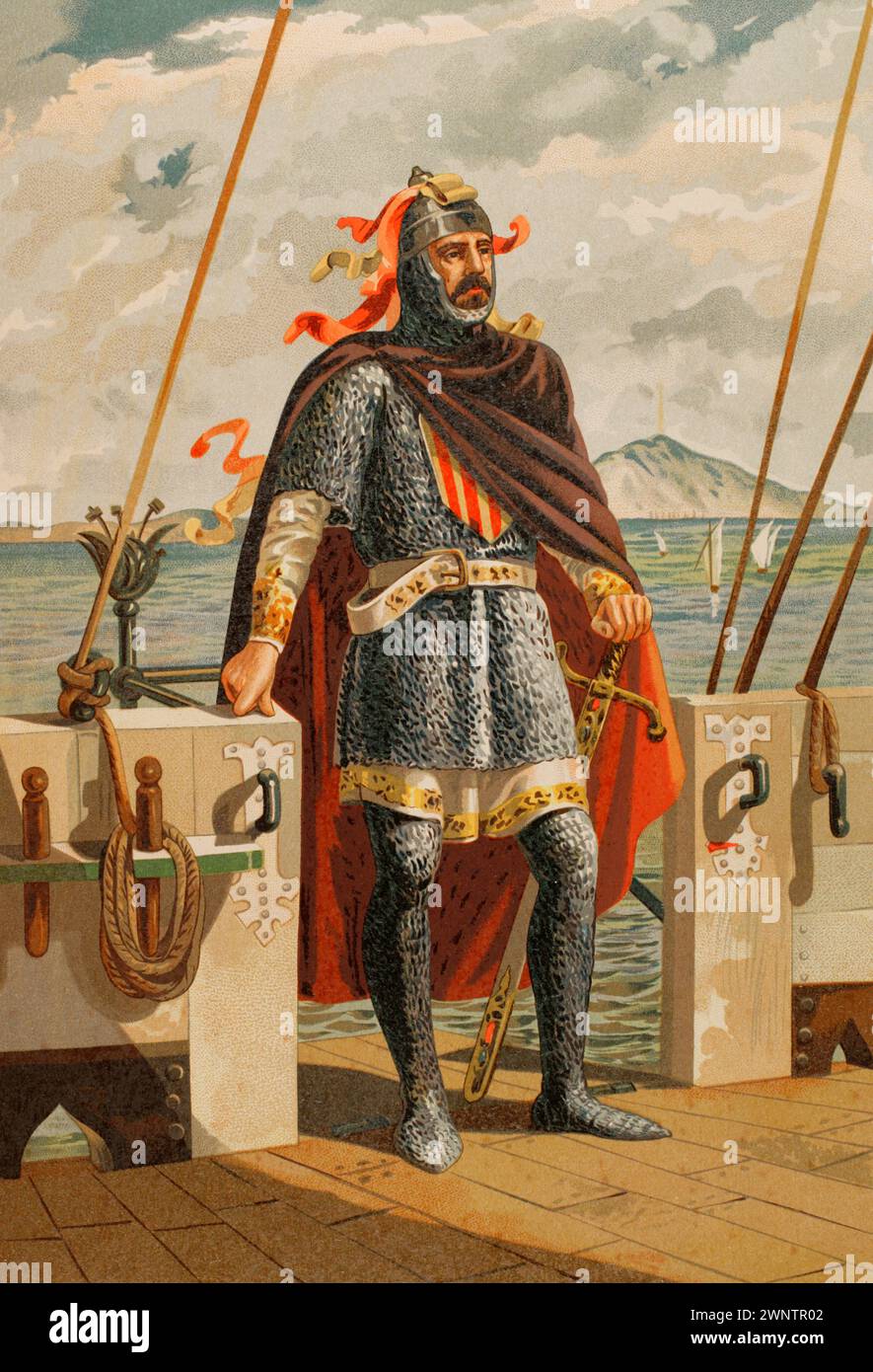 Roger of Lauria (1245-1305). Italian marine and military in the service of the Crown of Aragon as admiral of the kingdom's fleet. Portrait. Chromolithography. 'Glorias Españolas' (Glories of Spain). Volume II. Published in Barcelona, 1890. Stock Photo