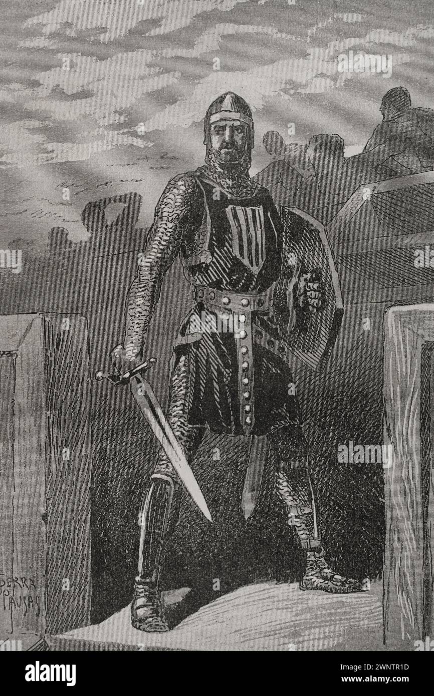 Roger of Lauria (1245-1305). Italian marine and military in the service of the Crown of Aragon as admiral of the kingdom's fleet. Engraving by Serra Pausas. 'Glorias Españolas' (Glories of Spain). Volume II. Published in Barcelona, 1890. Stock Photo